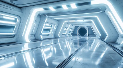 Poster - Futuristic Spaceship Corridor with Glowing Blue Lights and Reflective Floor