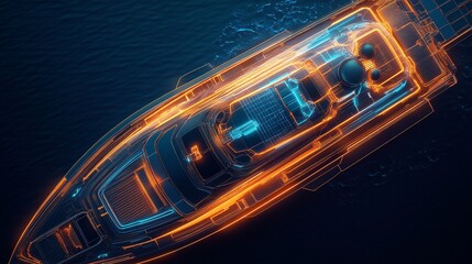 Poster - Futuristic Yacht Glowing with Digital Particles on Dark Blue Ocean