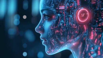 Poster - Futuristic Woman with Integrated Circuitry and Neon Glow, Cyberpunk Style, Artificial Intelligence Concept