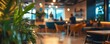 © Svitlana - Cozy modern cafe interior with people socializing at tables and lush green plants in foreground