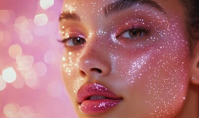 Sticker - Glittery makeup, shiny lips, pink background, model, glamorous look.