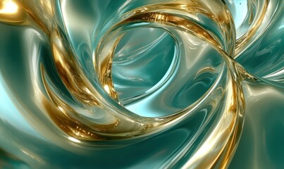 Sticker - Abstract dynamic rendering of golden liquid swirls blending with deep teal tones, illuminated to evoke luxury and motion