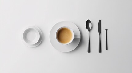 Poster - Minimalist Flatlay of Coffee and White Tableware on a Clean White Surface