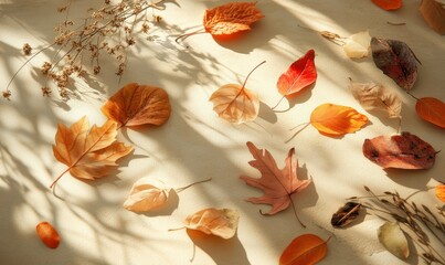 Wall Mural - artistic composition of scattered autumn leaves and dried flowers on a warm beige surface, illuminat