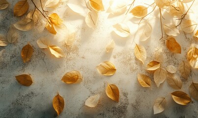 Wall Mural - artistic flat-lay of glowing golden leaves on a neutral surface, softly illuminated by warm sunlight