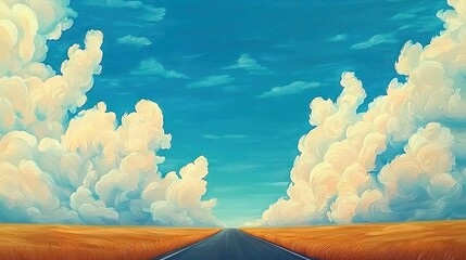 Wall Mural - a painting depicts a road traversing a field, surrounded by a vibrant blue sky adorned with fluffy w