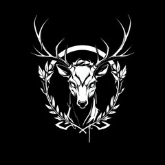 Sticker - Majestic Stag Head with Laurel Wreath: A Monochrome Emblem