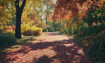 Wall Mural - autumn park trail covered in vibrant red and orange leaves, sunlight filtering through the trees cre