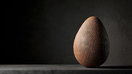 Wall Mural -  A brown egg rests on a table, adjacent to a dark wall and casts a shadow