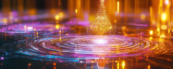 Poster - Vibrant abstract digital art with glowing patterns and swirling lights in motion