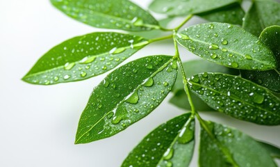 Wall Mural - Bright green leaves with water droplets scattered across a clean white background, soft natural light enhancing their vibrant tones and organic feel