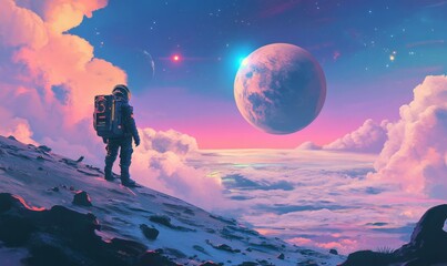 Wall Mural - astronaut standing on a surface overlooking a planet and space with stars and clouds. futuristic spa