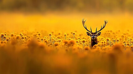 Wall Mural - a deer grazes in a field of sunflowers with its head emerging from its antlers
