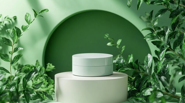 Serene Green Product Display with Lush Foliage and Minimalist Design