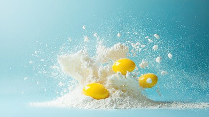 Wall Mural -   Three yellow eggs fall from a white pile on a blue background