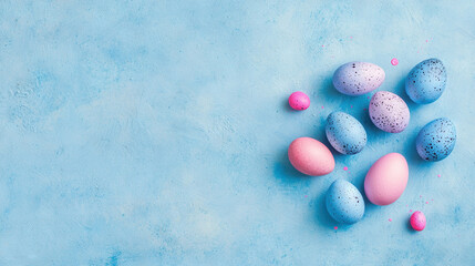 Wall Mural -   A set of colorful eggs resting atop a blue background, adorned with confetti