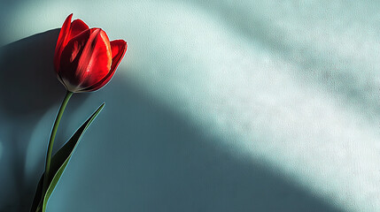 Canvas Print -  Red tulip shadows blue background and wall