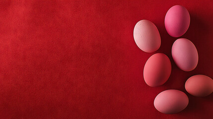 Wall Mural -  Five eggs on a red counter, adjacent to red wall and background