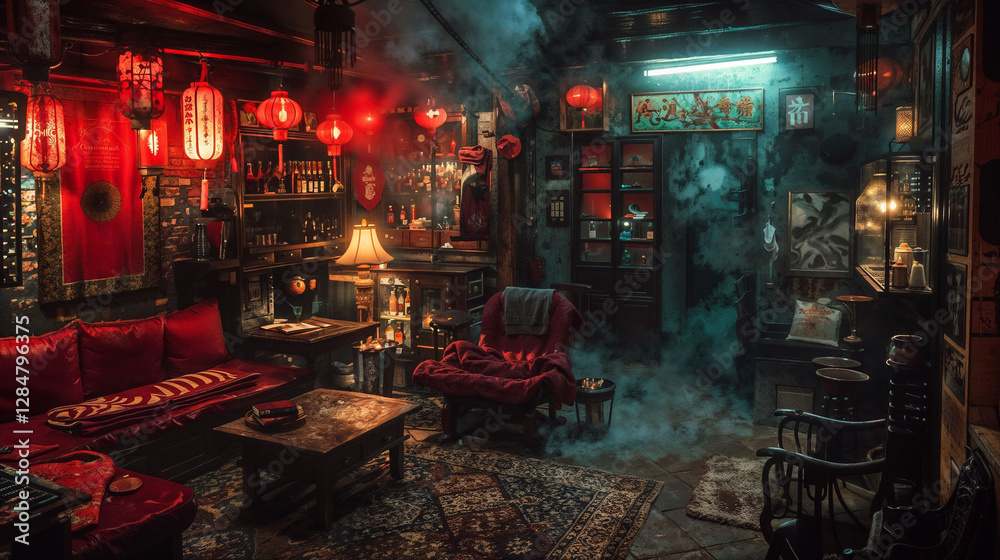 Dimly lit interior of an opium den with red lanterns, vintage furniture ...