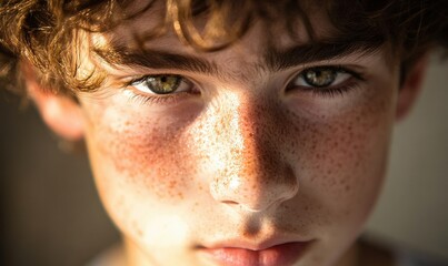 Wall Mural - Intense close-up of a freckled teenage boy illuminated by soft natural light, creating a fresh and emotive portrait highlighting youth and natural beauty