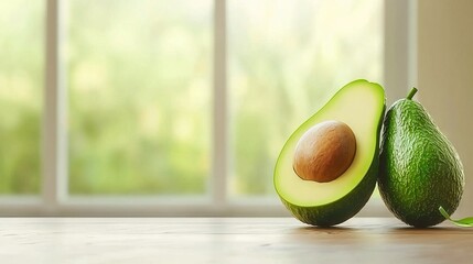 Wall Mural -   Avocado halved atop table with adjacent slice nearby