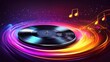 © andi - Spinning vinyl record, vibrant light trails, music notes, dark background, music promotion