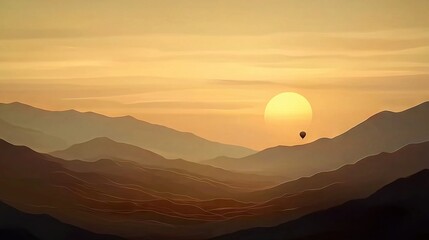 Wall Mural - a stunning depiction of a sunset over majestic mountains with a soaring hot air balloon gracefully d