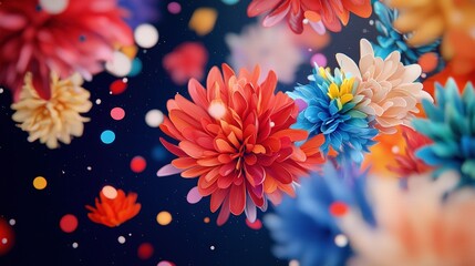 Wall Mural -   Close-up photo of colorful flowers against blue backdrop, showcasing red, orange, yellow, and blue petals