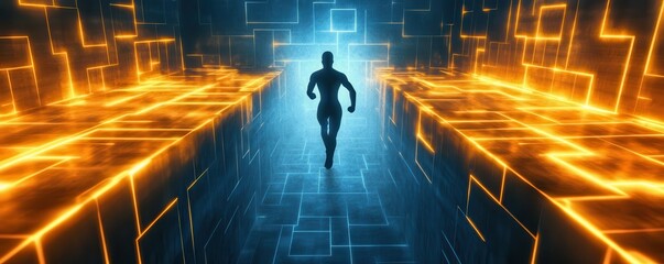 Poster - Silhouette of person running through futuristic neon tunnel with orange and blue lights