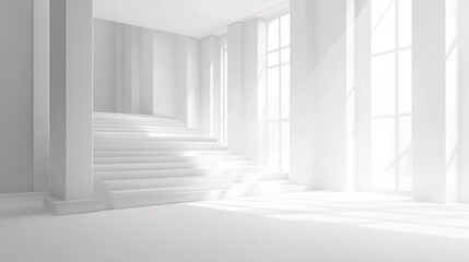 Poster - Sunlit Modern White Room with Geometric Staircase and Columns