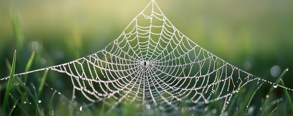 Dew-covered spider web on grass blades at sunrise