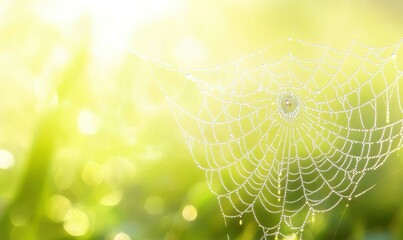 Delicate spiderweb with dewdrops glistening in morning sunlight, soft blurred green background adding a dreamy and tranquil nature vibe