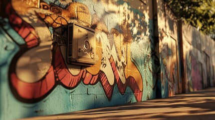 Aufkleber - vibrant graffiti art on urban wall bathed in sunlight