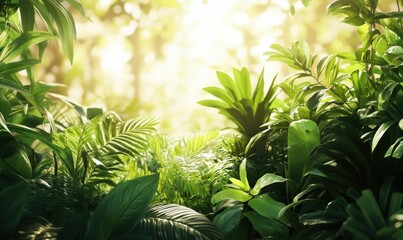 Wall Mural - Lush indoor garden with vibrant green plants, softly illuminated by diffused sunlight to create a serene and fresh atmosphere