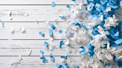 Poster - White and Blue Confetti Scattered on Wooden Surface Festive Celebration Background