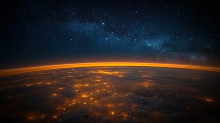 Canvas Print - Aerial view of Earth at night, Milky Way galaxy, city lights, sunrise