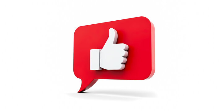 white thumbs up symbol in red speech bubble: 3d rendering