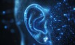 © Olha - Macro view of a healthy human ear surrounded by clean glowing blue biometric lines. Sleek design emphasizes hearing technology,