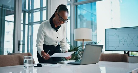 Poster - Business, black woman and document on laptop in office of trading, financial planning and stock market. Person, paperwork and online report for finance statistics, budget chart and profit development