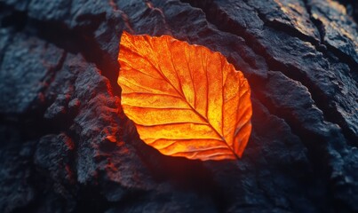 Wall Mural - macro shot of a vibrant orange autumn leaf resting on textured bark, illuminated softly to enhance t
