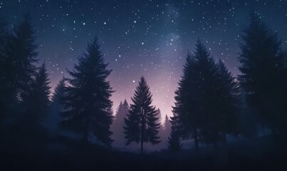 Wall Mural - enchanting starry forest scene with tall silhouetted trees and a glowing night sky filled with radia
