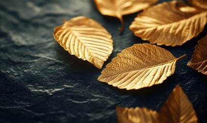 Wall Mural - macro shot of golden leaves resting on a sleek black surface, illuminated by warm light for a luxuri
