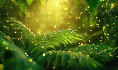 Wall Mural - Macro shot of vibrant green fern leaves with dewdrops reflecting golden morning light, creating a serene and refreshing natural vibe