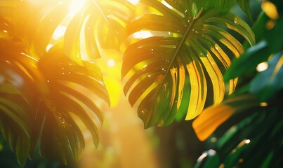 Macro shot of vibrant yellow and green tropical leaves illuminated by golden sunlight highlighting their natural texture and vibrancy
