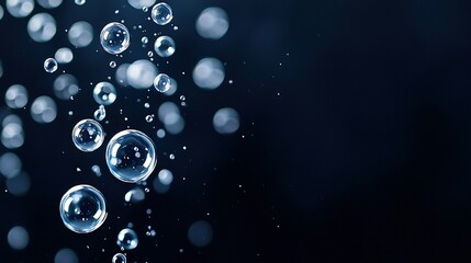 Wall Mural -   A cluster of air bubbles gliding over a deep azure fluid containing numerous tiny gas bubbles on top of a black background