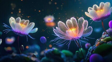 Wall Mural -   A macro shot of several flowers adorned with dew drops, set against a blue backdrop