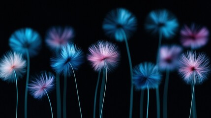 Wall Mural -   A cluster of pink-blue dandelions against a dark backdrop, featuring a solitary blue-pink dandelion at its center