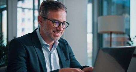 Poster - Mature man, smile and laptop in office for report, feedback and typing with at insurance agency. Person, actuary and risk assessment manager with problem solving, statistics and review at company