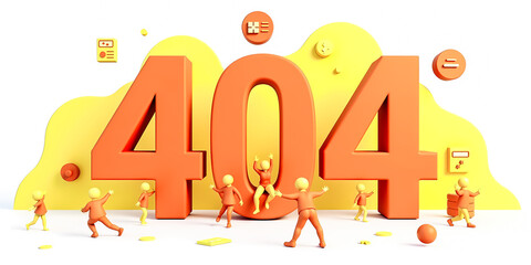 playful 3d figures interacting with a large vibrant 404 error code