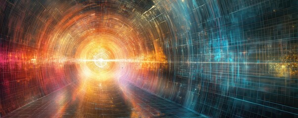 Poster - Futuristic light tunnel with vibrant orange and blue energy patterns